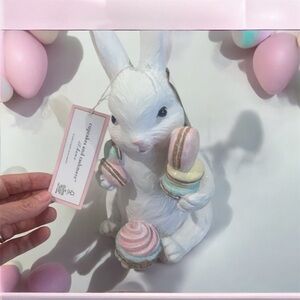 Cupcakes and cashmere White Bunny Figurine with Pastel Macarons